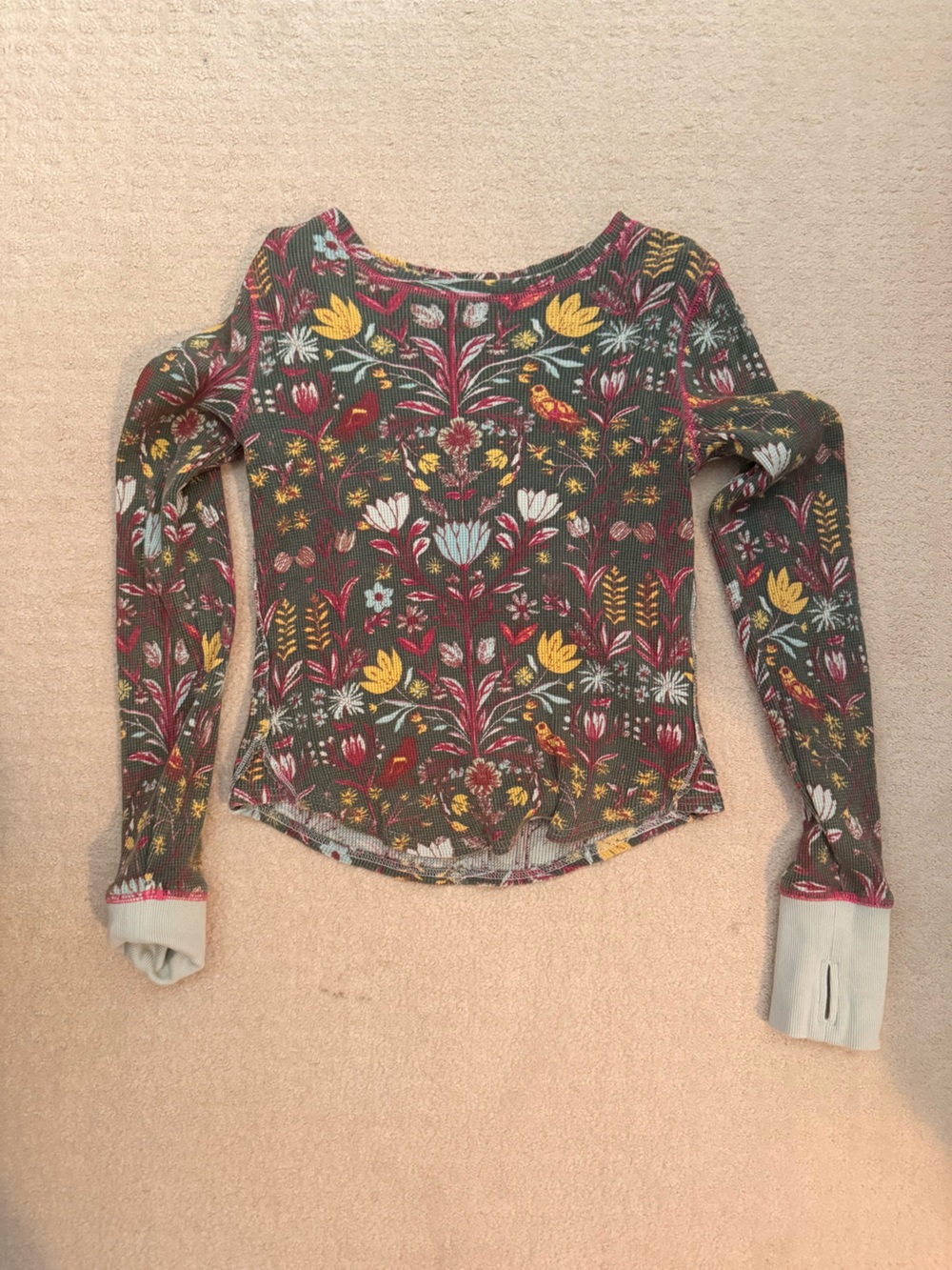 Free People Olive Green Floral Long Sleeve Thermal with Yellow and Red Blooms